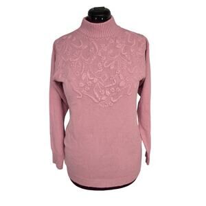 Women's Vintage Dana Scott Pink Sweater Knit Flowers Turtle Neck | Size Medium